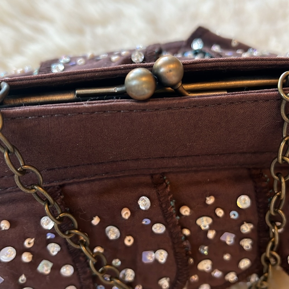 Vintage Gap Brown & Teal wristlet w/sequins & beads gold/brass frame clasp - Picture 13 of 17